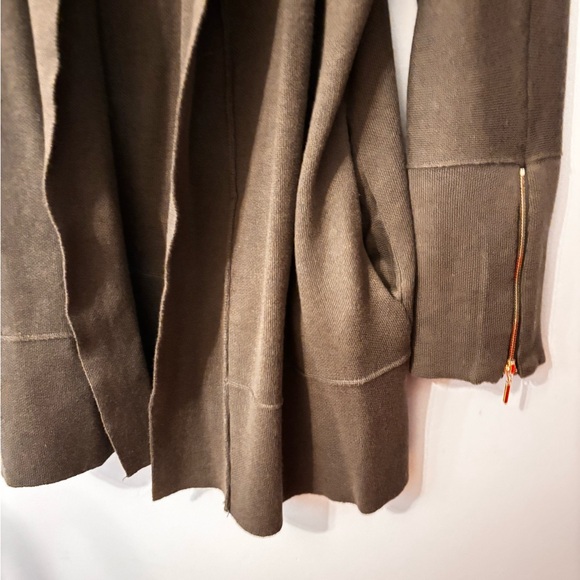 Max Studio Olive Green Open Knit Cardigan Sweater Size  XL Pockets Exposed Seam - Picture 2 of 12